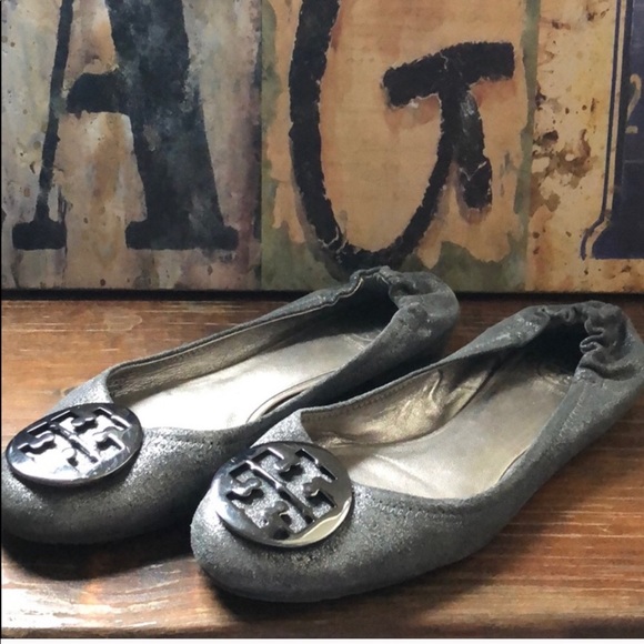 Tory Burch Shoes - Tory Burch Reva Silver Pewter Logo Ballet Flats